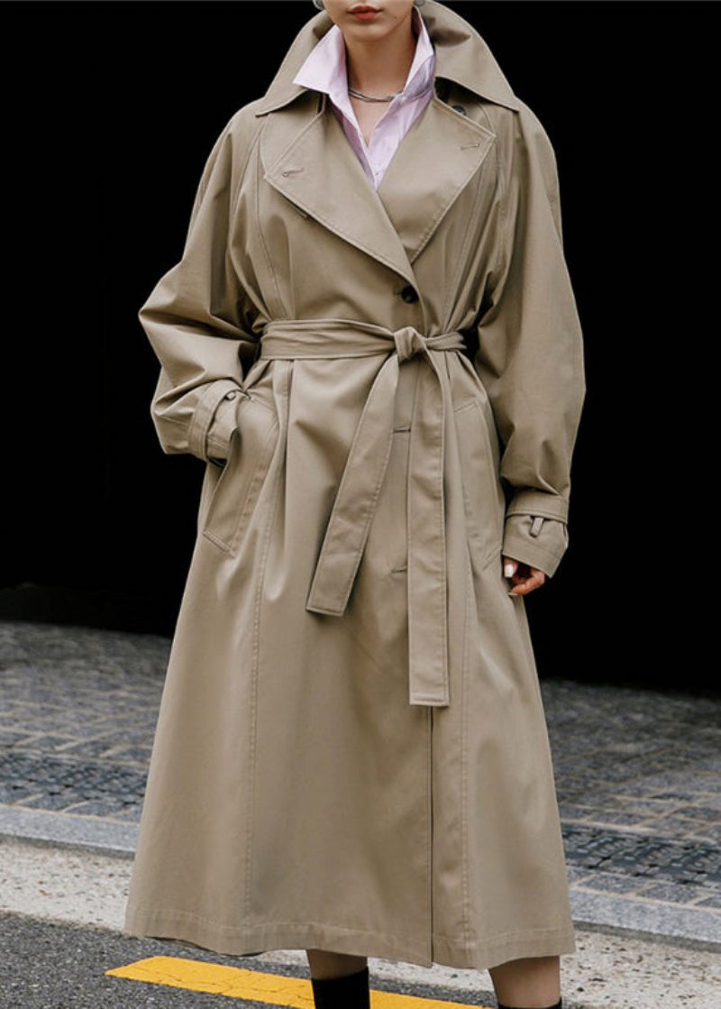 Elegant Khaki Peter Pan Krage Knyttan Midja Knappfickor Bomull Trench Coats Långärmad - Trenchcoats för kvinnor