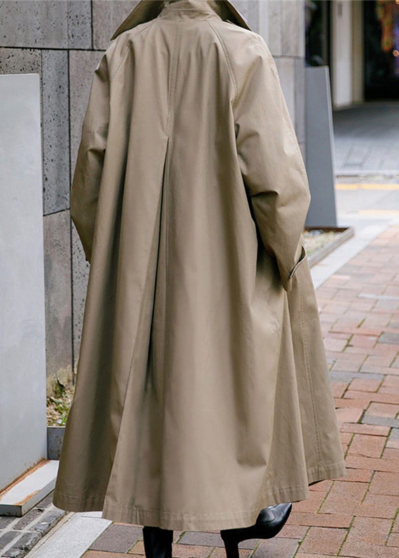 Elegant Khaki Peter Pan Krage Knyttan Midja Knappfickor Bomull Trench Coats Långärmad - Trenchcoats för kvinnor