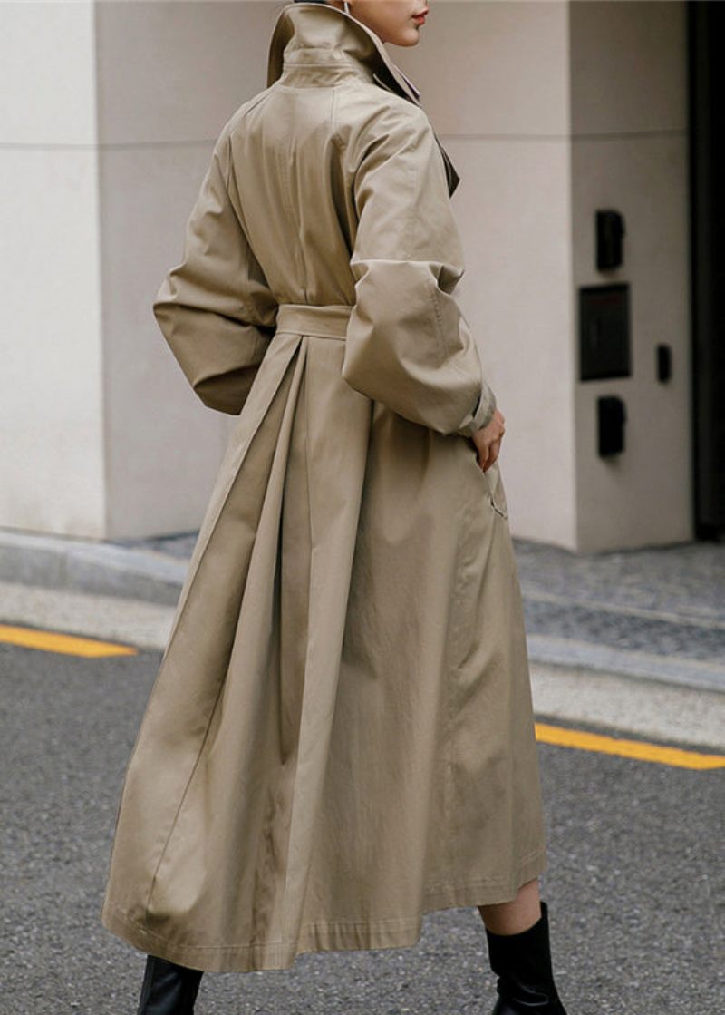 Elegant Khaki Peter Pan Krage Knyttan Midja Knappfickor Bomull Trench Coats Långärmad - Trenchcoats för kvinnor