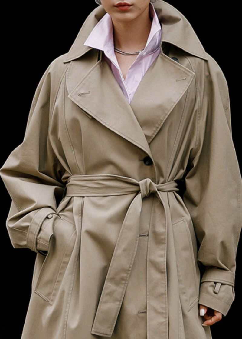 Elegant Khaki Peter Pan Krage Knyttan Midja Knappfickor Bomull Trench Coats Långärmad - Trenchcoats för kvinnor
