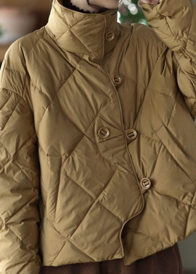 Elegant Khaki Stativ Krage Oversized Button Duck Down Puffer Jacka Vinter - Dunjackor för kvinnor