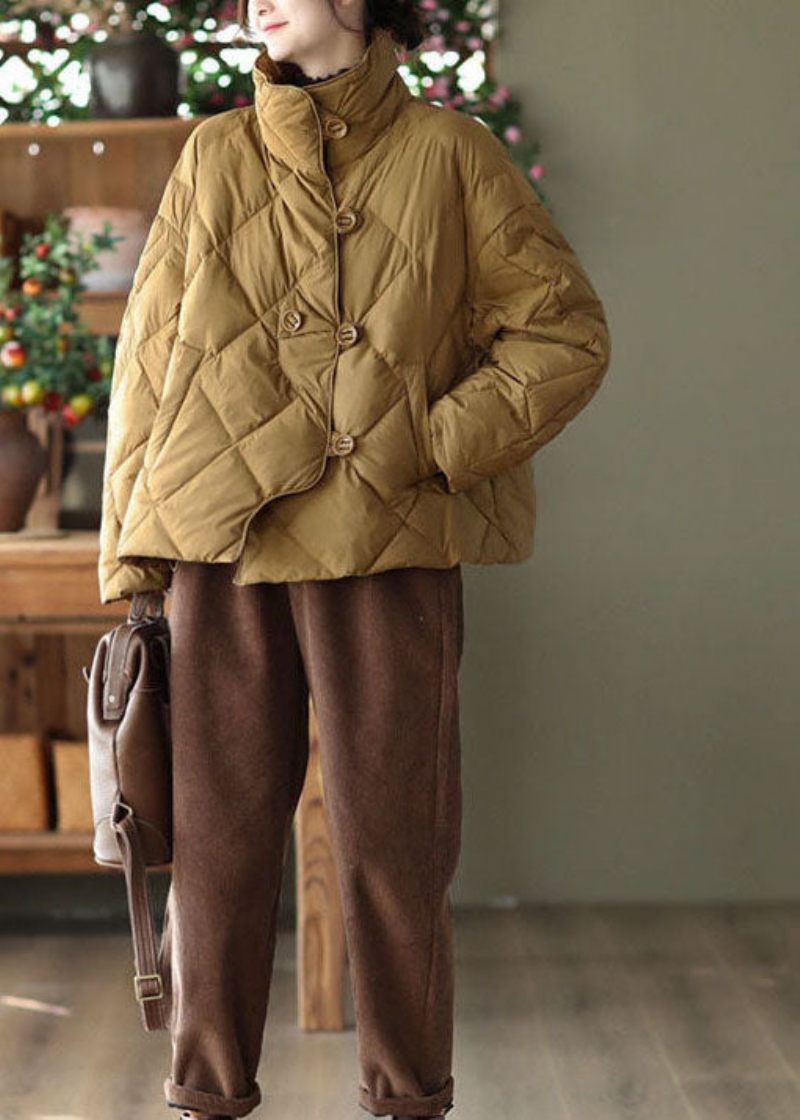 Elegant Khaki Stativ Krage Oversized Button Duck Down Puffer Jacka Vinter - Dunjackor för kvinnor