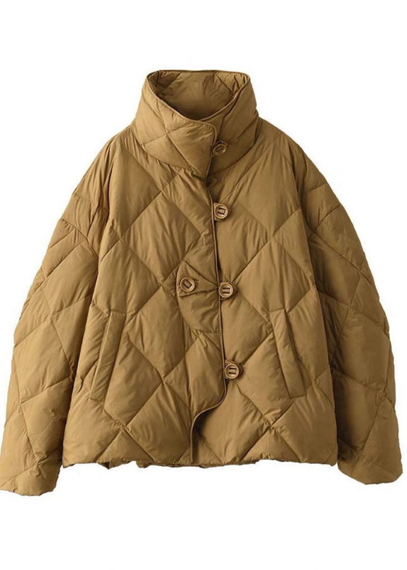 Elegant Khaki Stativ Krage Oversized Button Duck Down Puffer Jacka Vinter - Dunjackor för kvinnor
