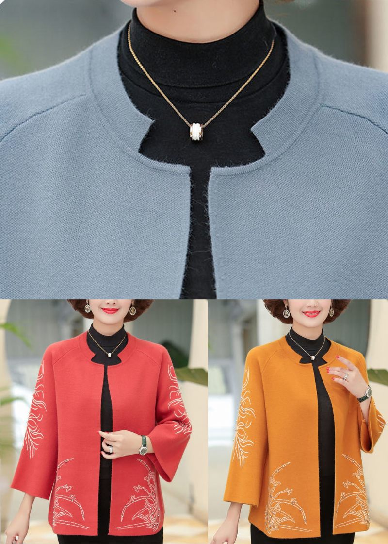Elegant Orange O-halsbroderad Spikpärla Ylle Cardigan Långärmad - Orange