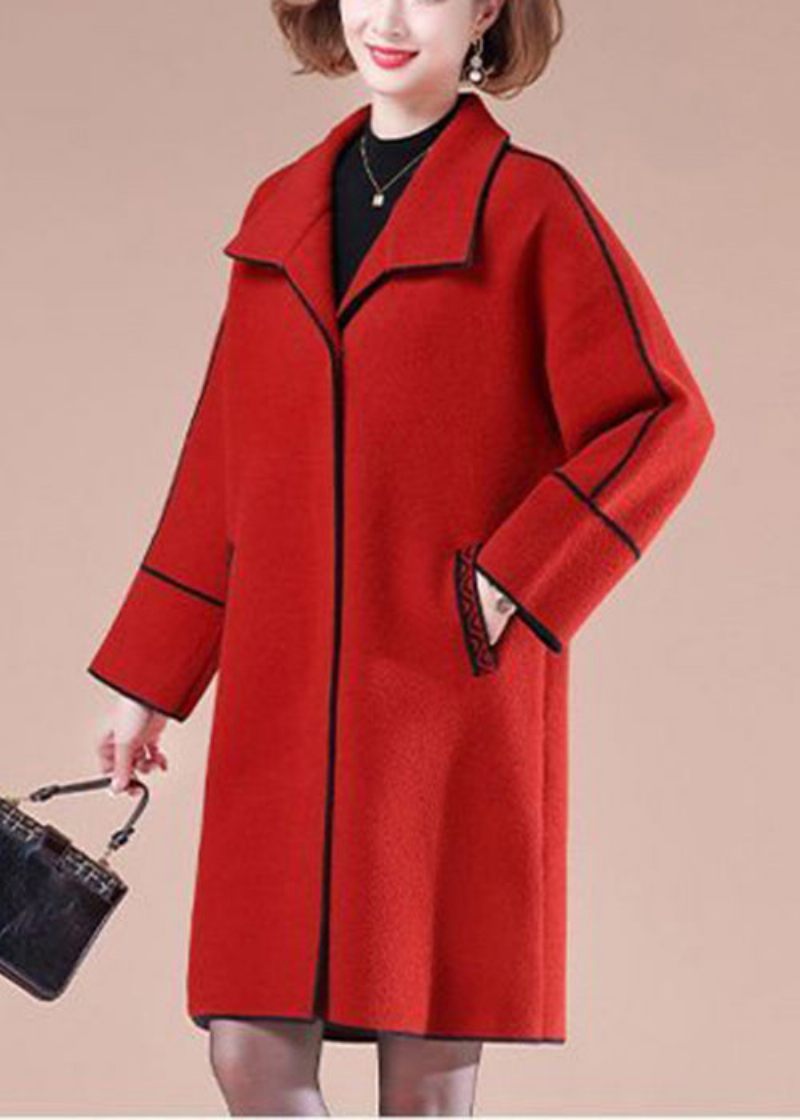Elegant Röd Oversized Patchwork Yllerockar Vinter - Vinterkappor för kvinnor