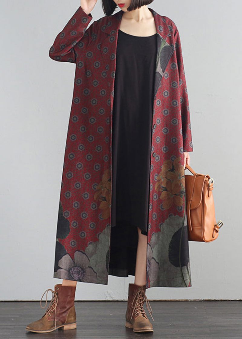 Elegant Röd V-hals Tryckknapp Maxi Trenchcoats Höst