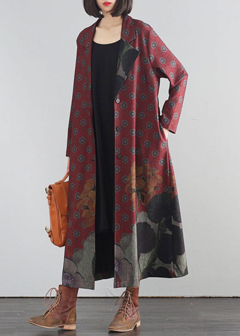 Elegant Röd V-hals Tryckknapp Maxi Trenchcoats Höst - Röd