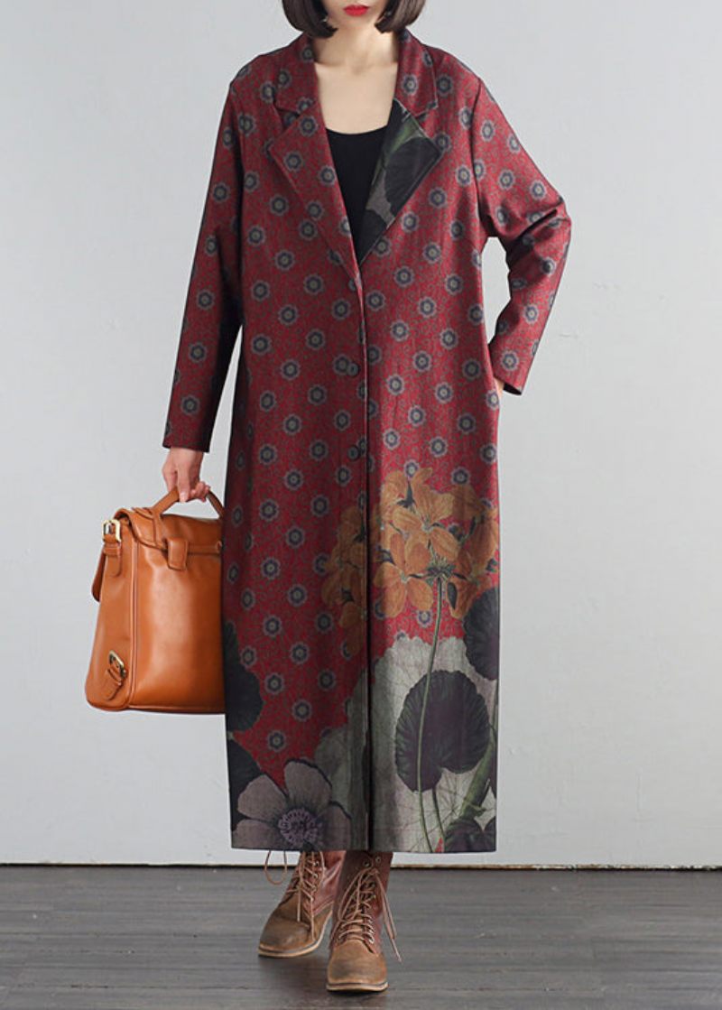 Elegant Röd V-hals Tryckknapp Maxi Trenchcoats Höst - Röd