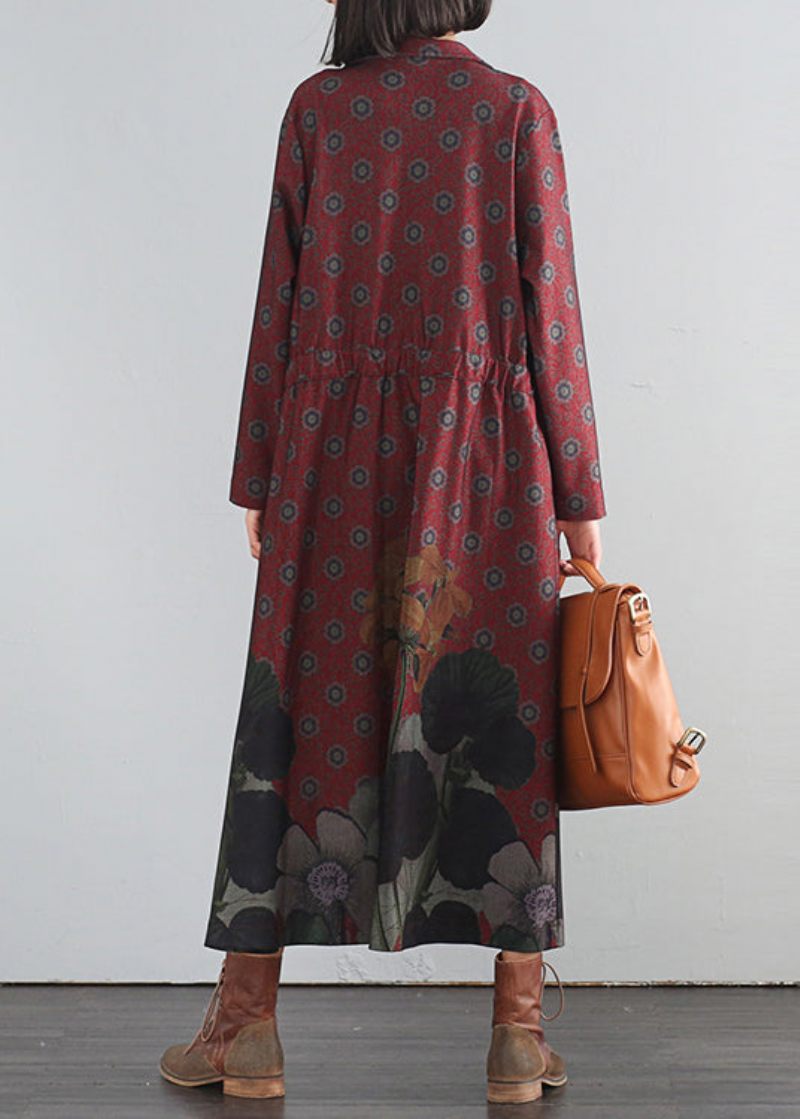 Elegant Röd V-hals Tryckknapp Maxi Trenchcoats Höst - Röd