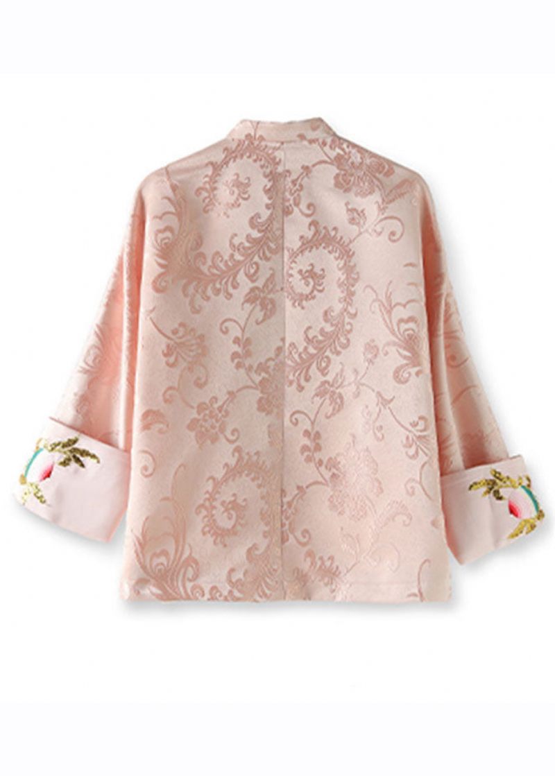 Elegant Rosa Stativkrage Broderad Sidenkappa Långärmad - Vinterkappor för kvinnor