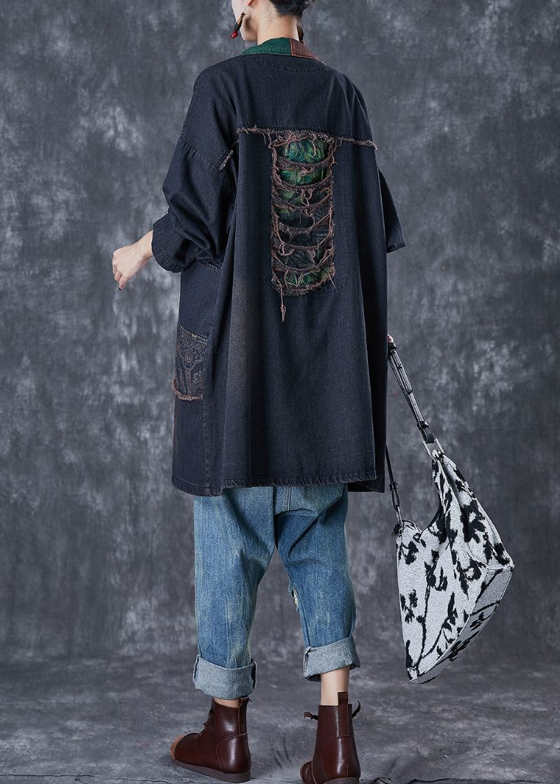 Elegant Svart Överdimensionerad Patchwork Denim Trench Fall - Trenchcoats för kvinnor
