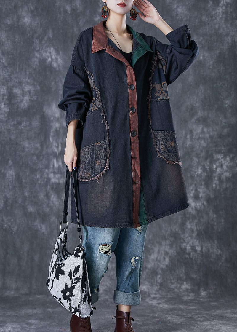 Elegant Svart Överdimensionerad Patchwork Denim Trench Fall - Trenchcoats för kvinnor