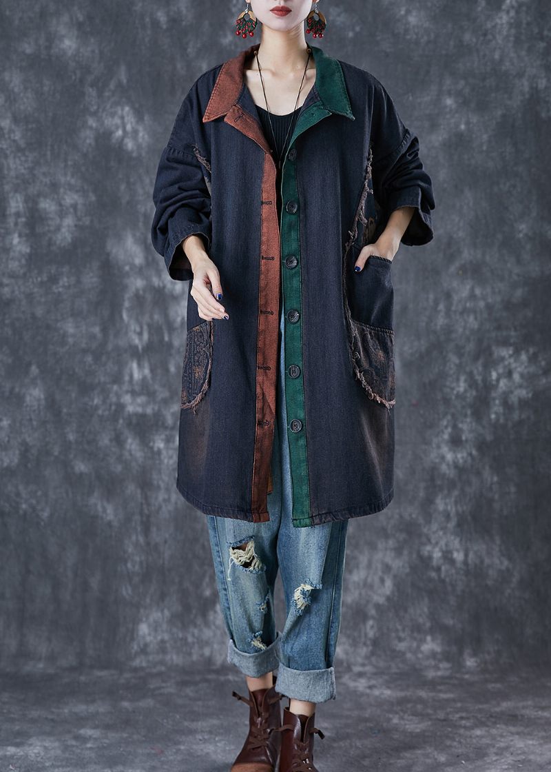 Elegant Svart Överdimensionerad Patchwork Denim Trench Fall - Trenchcoats för kvinnor