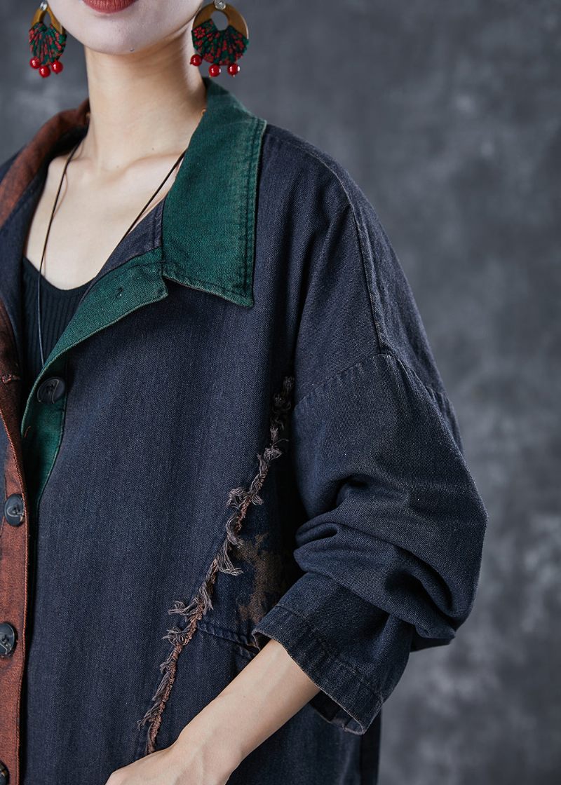 Elegant Svart Överdimensionerad Patchwork Denim Trench Fall - Trenchcoats för kvinnor