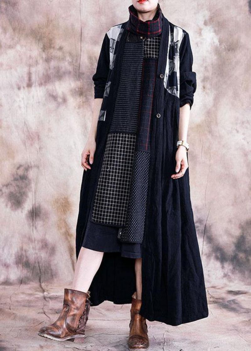 Elegant Svart Tryckjacka Plus Size Höst V-ringad Patchworkrock - Trenchcoats för kvinnor