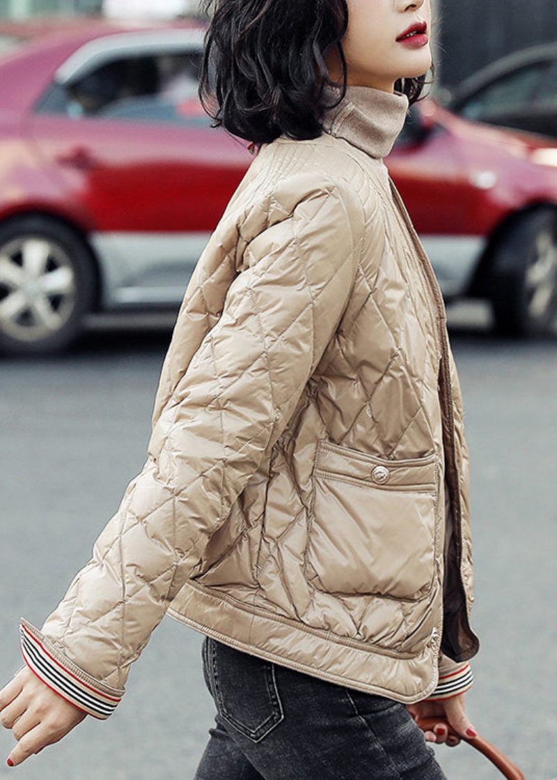Eleganta Khaki V-halsfickor Duck Down Puffers Jackor Vinter - Dunjackor för kvinnor