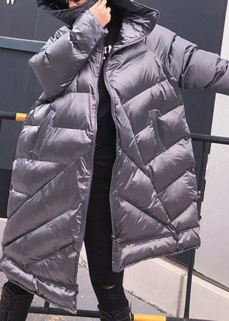Eleganta Silvergrå Damparkas Överdimensionerade Varma Vinterytterkläder Med Huva Med Dragkedja - Svart