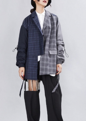 Enkel Grå Patchwork Pläd Asymmetrisk Design Höstrockar Långärmad