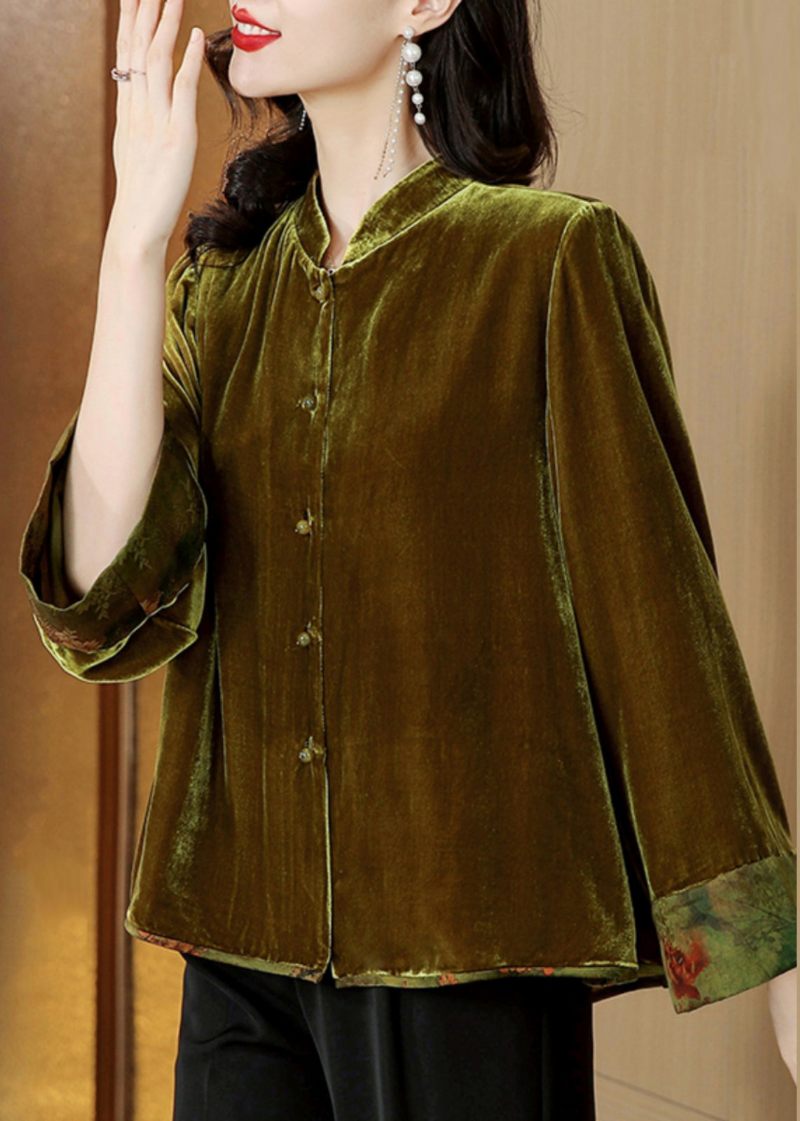 Enkel Gul Stativ Krage Patchwork Button Siden Velour Coat Fall