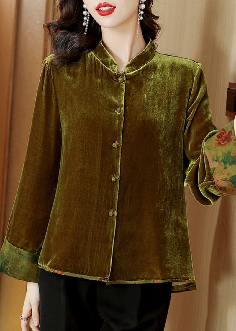 Enkel Gul Stativ Krage Patchwork Button Siden Velour Coat Fall - Vinterkappor för kvinnor