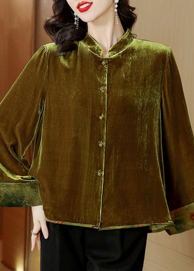 Enkel Gul Stativ Krage Patchwork Button Siden Velour Coat Fall - Vinterkappor för kvinnor