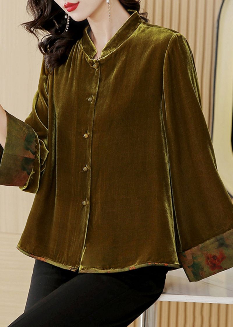 Enkel Gul Stativ Krage Patchwork Button Siden Velour Coat Fall - Vinterkappor för kvinnor
