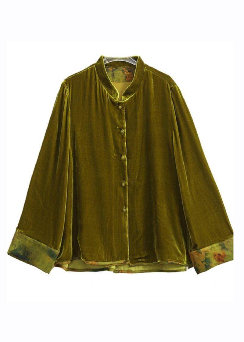 Enkel Gul Stativ Krage Patchwork Button Siden Velour Coat Fall - Vinterkappor för kvinnor