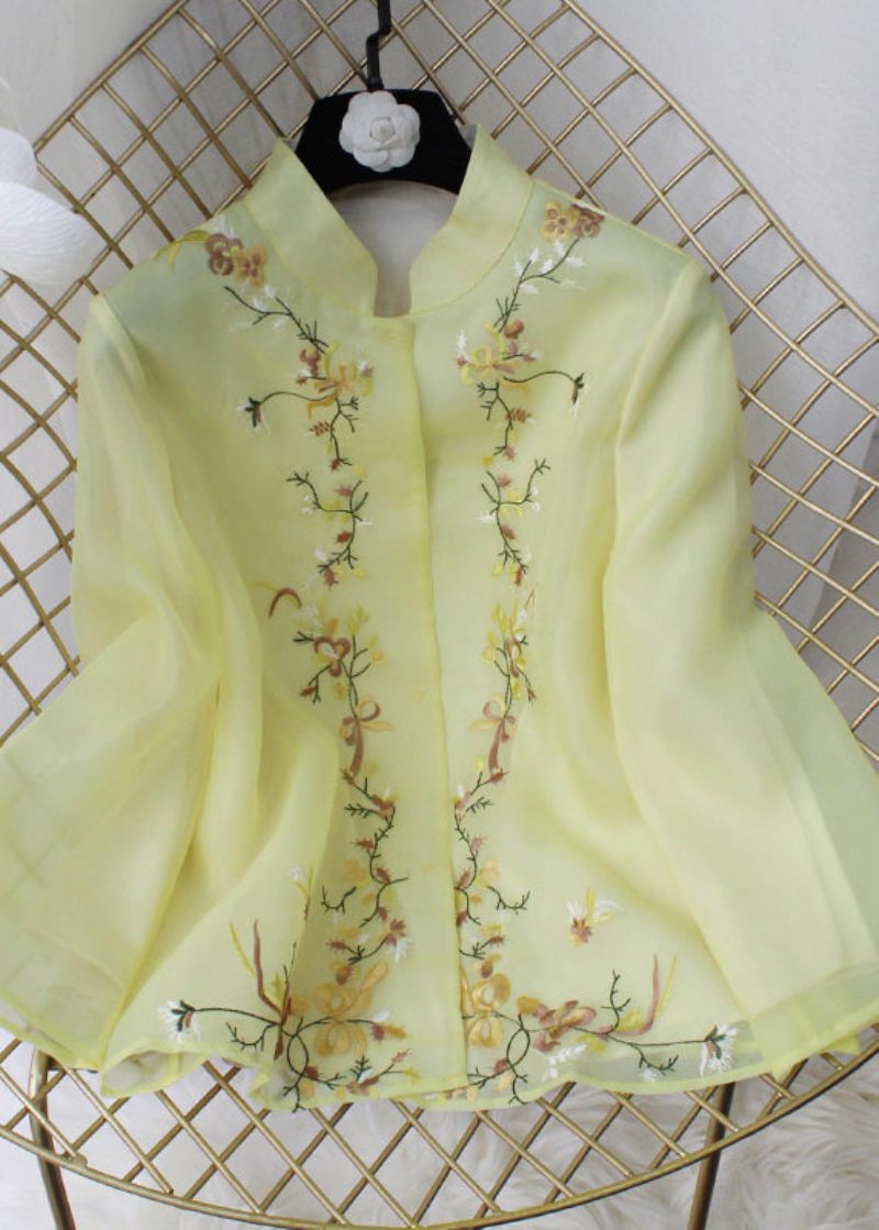 Enkel Gul Stativkrage Broderad Blommig Chiffongkappa Långärmad