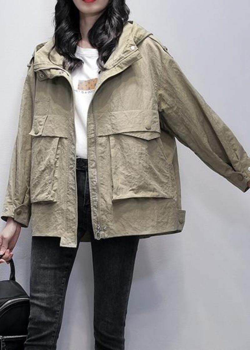 Enkel Huva Med Dragkedja Mode Casual Kappor Kvinnor Grå Gröna Lösa - Trenchcoats för kvinnor