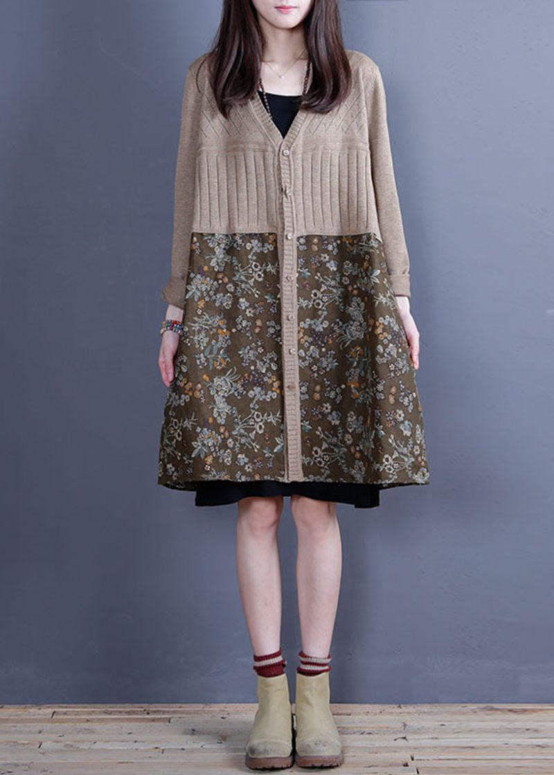 Enkel Khaki V-hals Patchwork Stickad Lösa Cardigans Spring