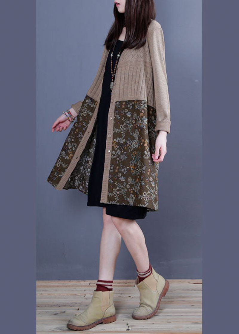 Enkel Khaki V-hals Patchwork Stickad Lösa Cardigans Spring - Blå