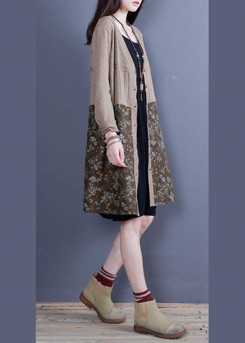 Enkel Khaki V-hals Patchwork Stickad Lösa Cardigans Spring - Blå