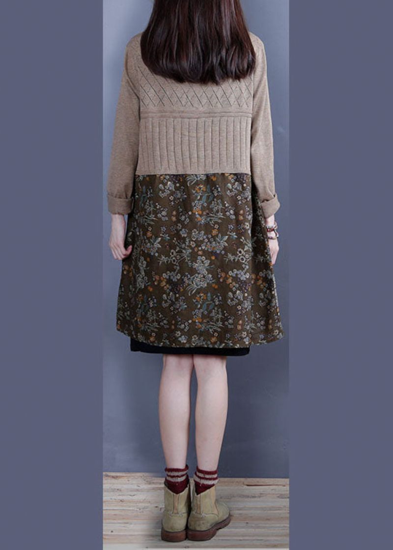 Enkel Khaki V-hals Patchwork Stickad Lösa Cardigans Spring - Blå