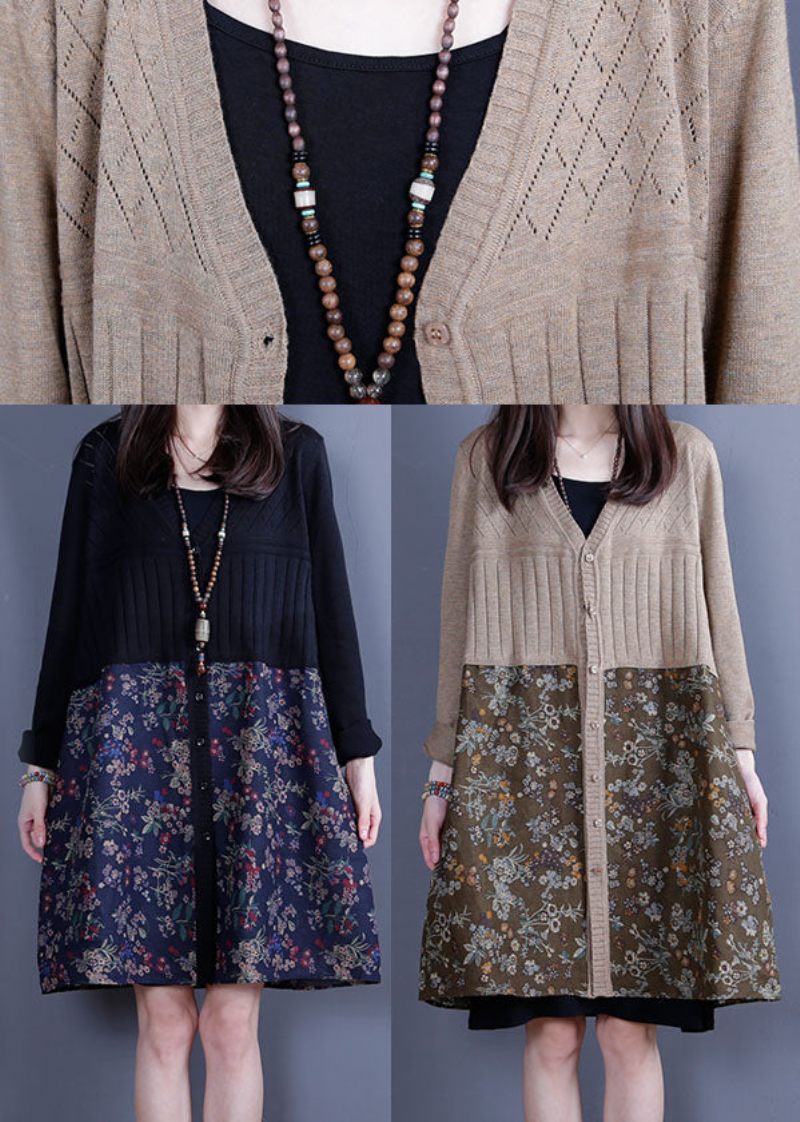 Enkel Khaki V-hals Patchwork Stickad Lösa Cardigans Spring - Blå