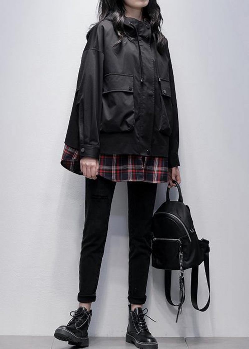 Enkla Fickor Med Huva Plus Size Tunikor För Kvinnor Svart Patchwork Rutig Överdimensionerad Kappa - Trenchcoats för kvinnor
