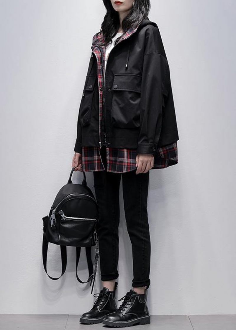 Enkla Fickor Med Huva Plus Size Tunikor För Kvinnor Svart Patchwork Rutig Överdimensionerad Kappa - Trenchcoats för kvinnor