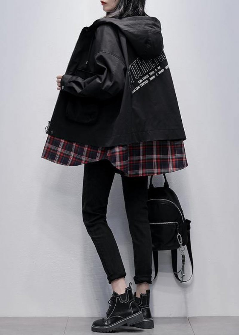 Enkla Fickor Med Huva Plus Size Tunikor För Kvinnor Svart Patchwork Rutig Överdimensionerad Kappa - Trenchcoats för kvinnor