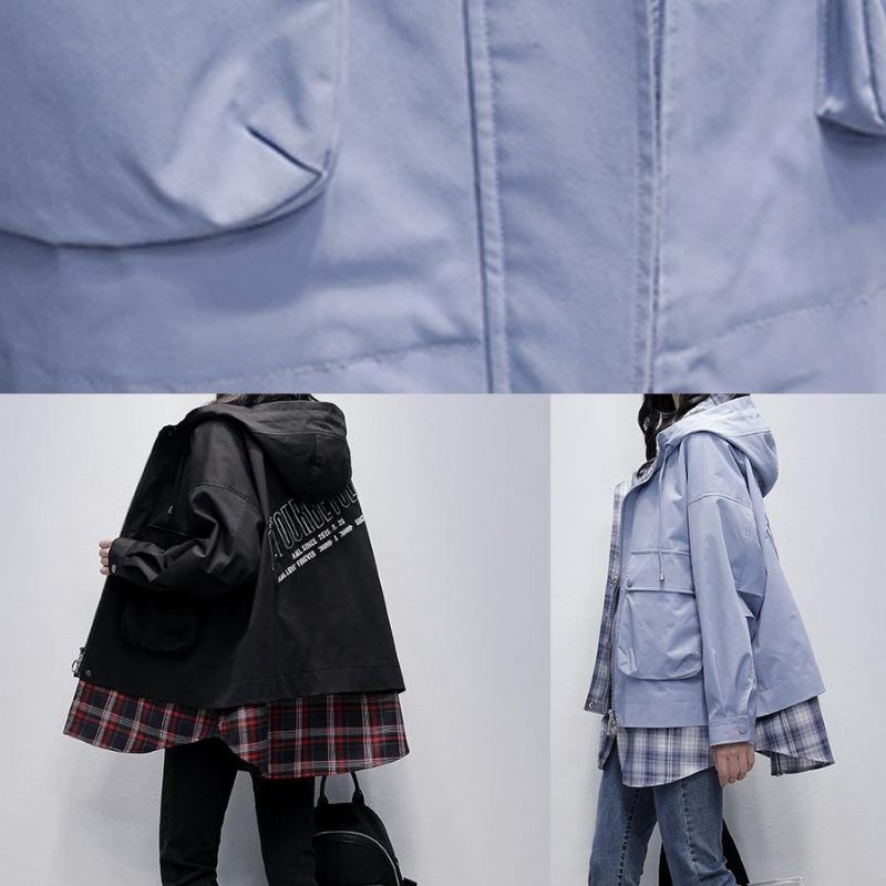 Enkla Fickor Med Huva Plus Size Tunikor För Kvinnor Svart Patchwork Rutig Överdimensionerad Kappa - Trenchcoats för kvinnor