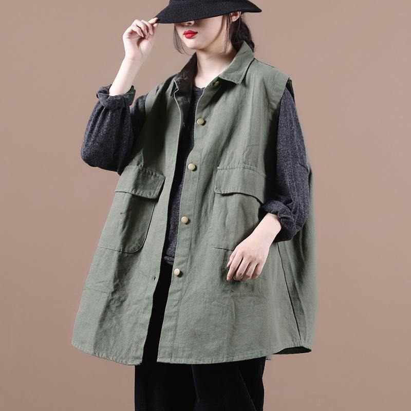 Enkla Gröna Kläder För Kvinnor Lapel Sleeeless Box Fall Top