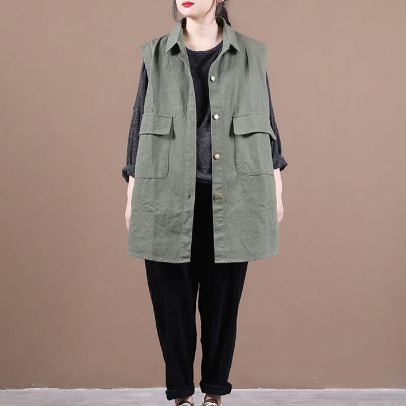 Enkla Gröna Kläder För Kvinnor Lapel Sleeeless Box Fall Top - Grön