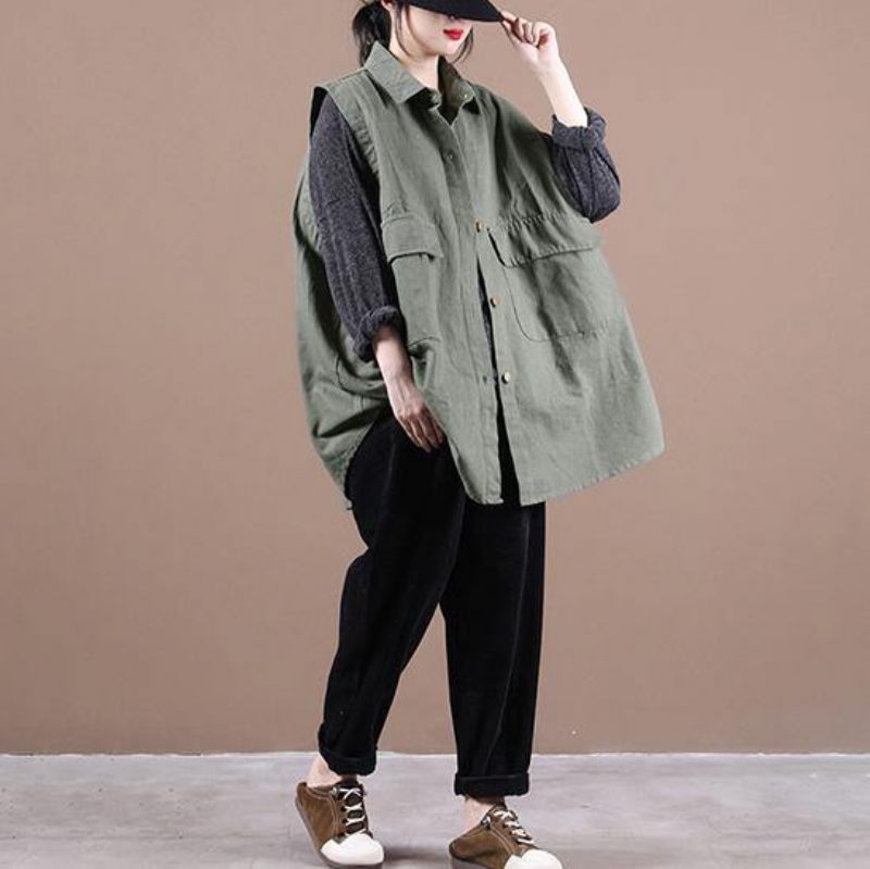Enkla Gröna Kläder För Kvinnor Lapel Sleeeless Box Fall Top - Grön