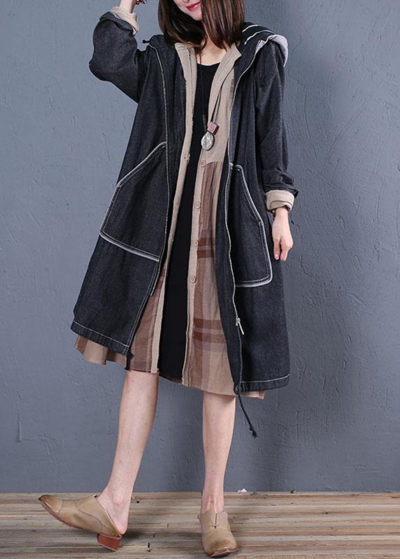 Fashion Plus Size Trenchcoat Höstsvart Överrock Med Huva