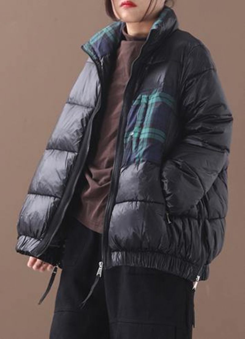 Fin Plus Size Dunjacka Patchwork Rutiga Kappor Svart Vinterjacka Med Dragkedja Och Varm Vinterkappa - Dunjackor för kvinnor