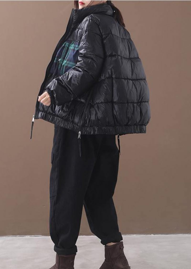 Fin Plus Size Dunjacka Patchwork Rutiga Kappor Svart Vinterjacka Med Dragkedja Och Varm Vinterkappa - Dunjackor för kvinnor