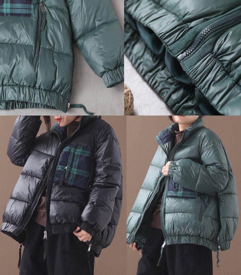 Fin Plus Size Dunjacka Patchwork Rutiga Kappor Svart Vinterjacka Med Dragkedja Och Varm Vinterkappa - Dunjackor för kvinnor