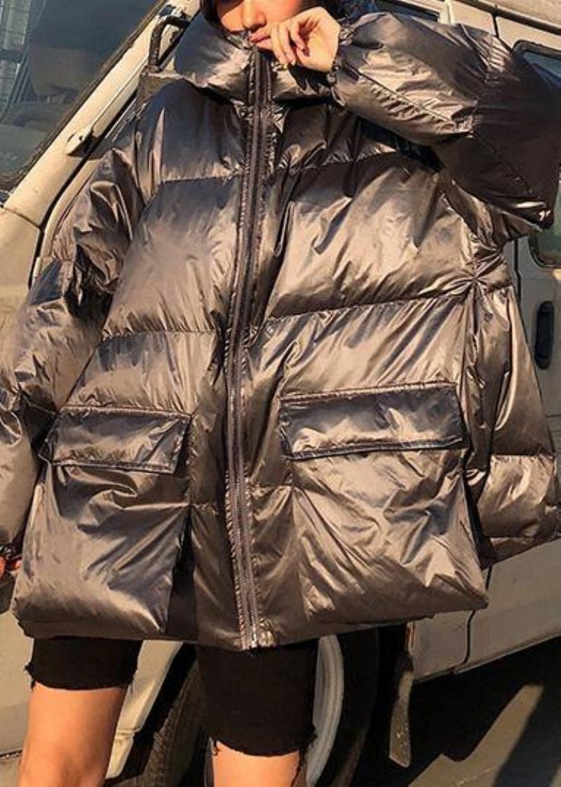 Fin Silvergrå Dunjacka Vinter Plus Size Damparkas Med Huva Med Dragkedja Fina Vinteryttringar - Silvergrå