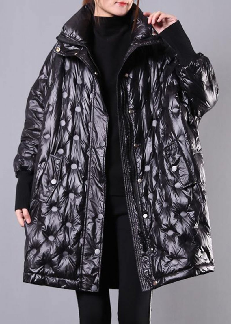 Fin Svart Dunkappa Plus Size Stativ Krage Vinterjacka Batwing Sleeve Ny Överrock - Dunjackor för kvinnor