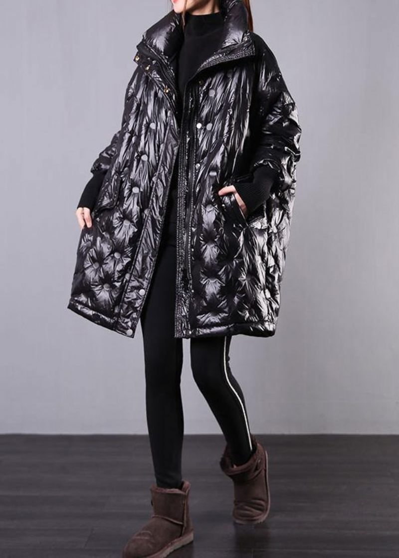 Fin Svart Dunkappa Plus Size Stativ Krage Vinterjacka Batwing Sleeve Ny Överrock - Dunjackor för kvinnor