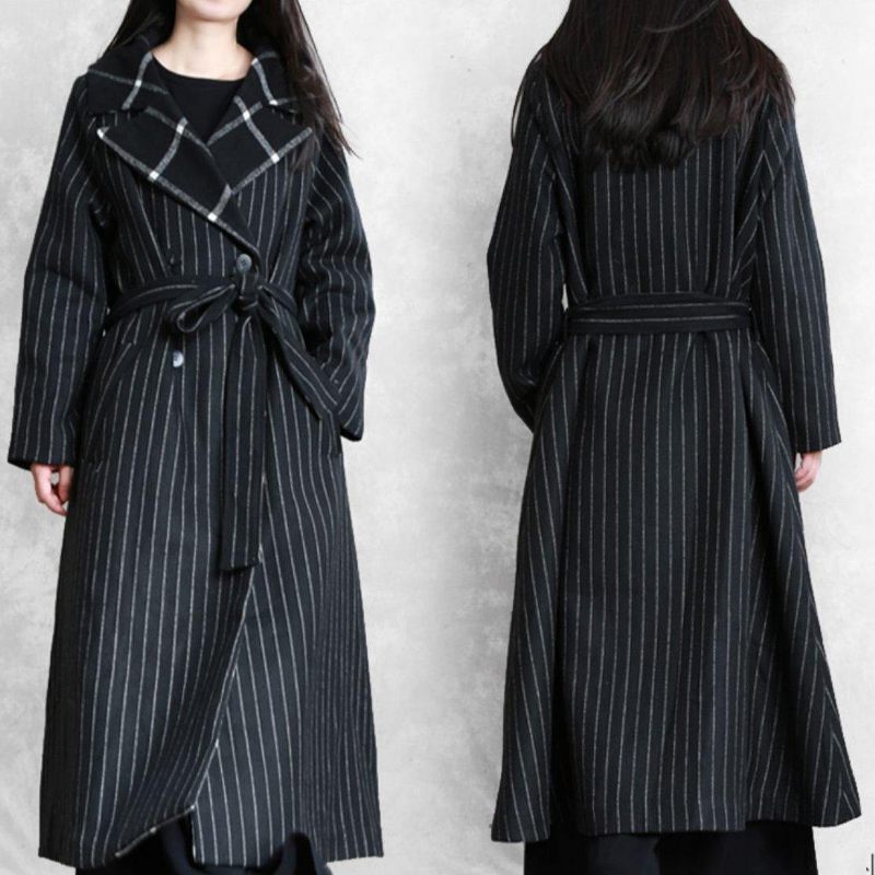 Fin Svartrandig Ullkappa Oversized Trenchcoat Naggad Patchwork - Ullrockar för kvinnor