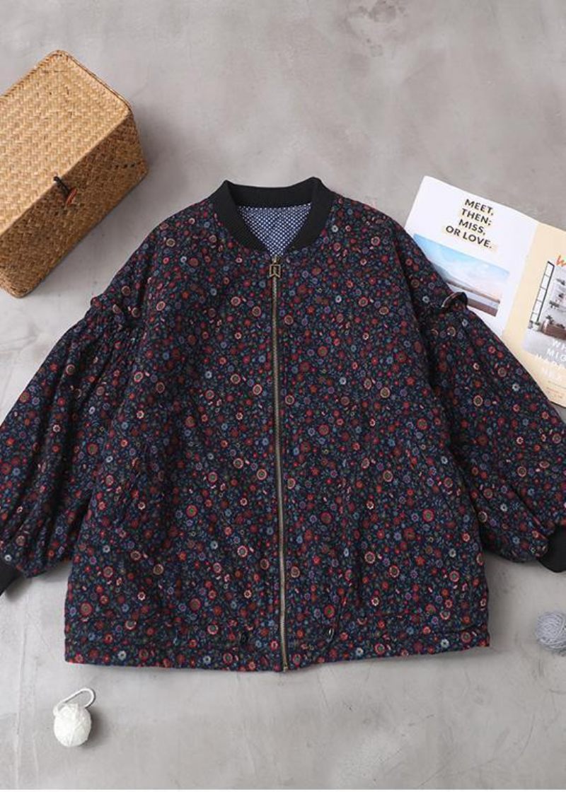 Fina Blå Blommiga Kappor För Kvinnor Löst Sittande Vinterjacka Med Dragkedja Ytterkläder Patchwork O Hals - Blå